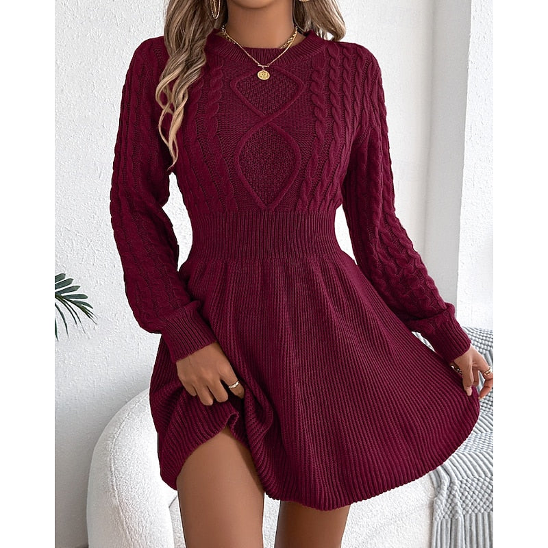 Edwara | Damen Strickkleid Langarm Zopfmuster Mini - Grey - Image 8