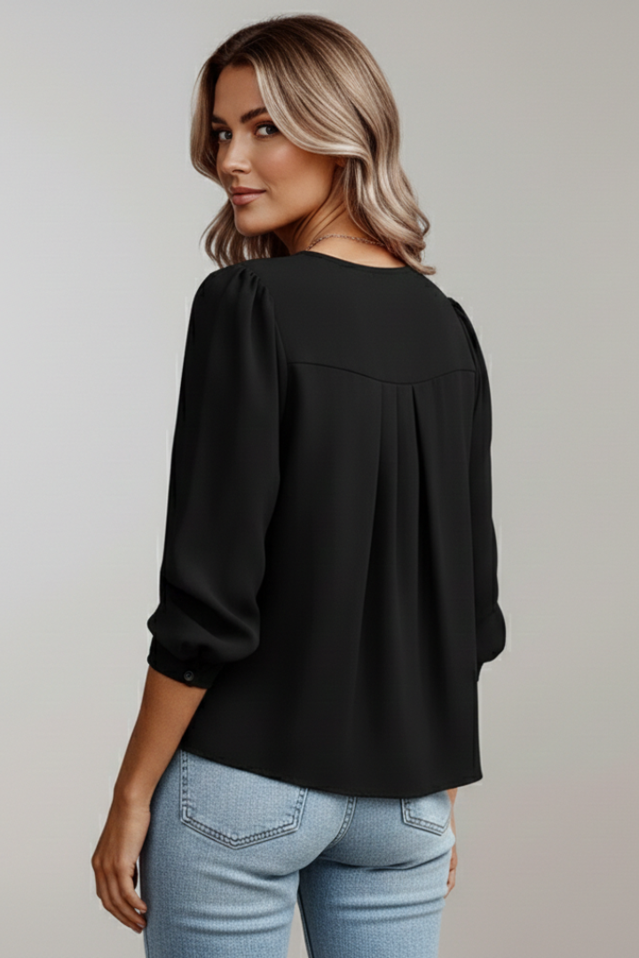 Edwina | Damen Langarm Puffärmel Bluse - Black - Image 5