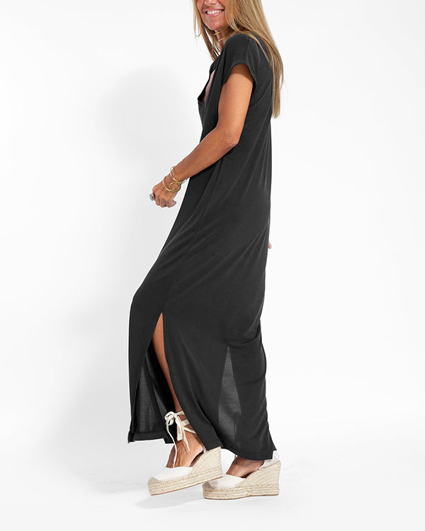 Maya | Damen Langes Freizeitkleid V-Ausschnitt Kurzarm Loose Fit