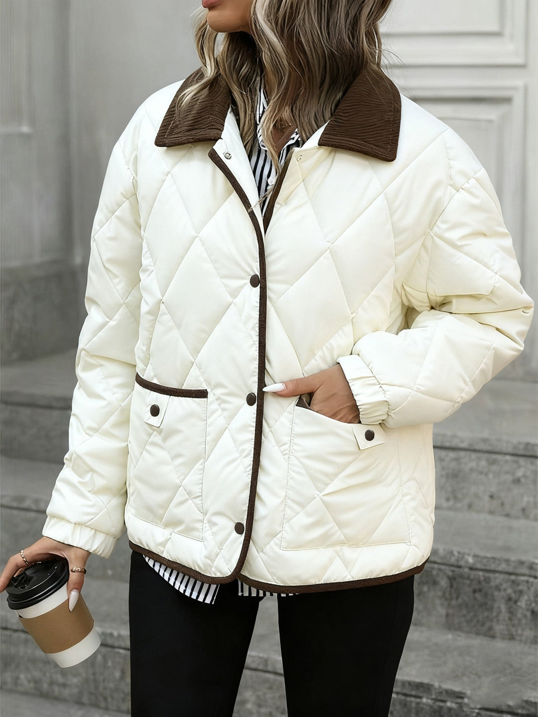 Elbmara | Damen Stepp-Jacke Wattiert Rautenmuster - Dark Brown - Image 7