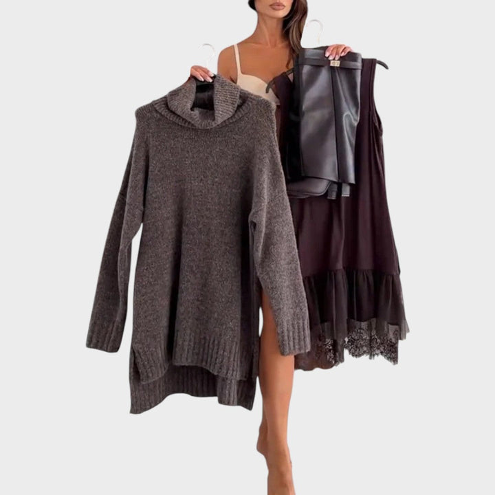 Elbrun | Damen Strickkleid Oversize Rollkragen - Brown - Image 10