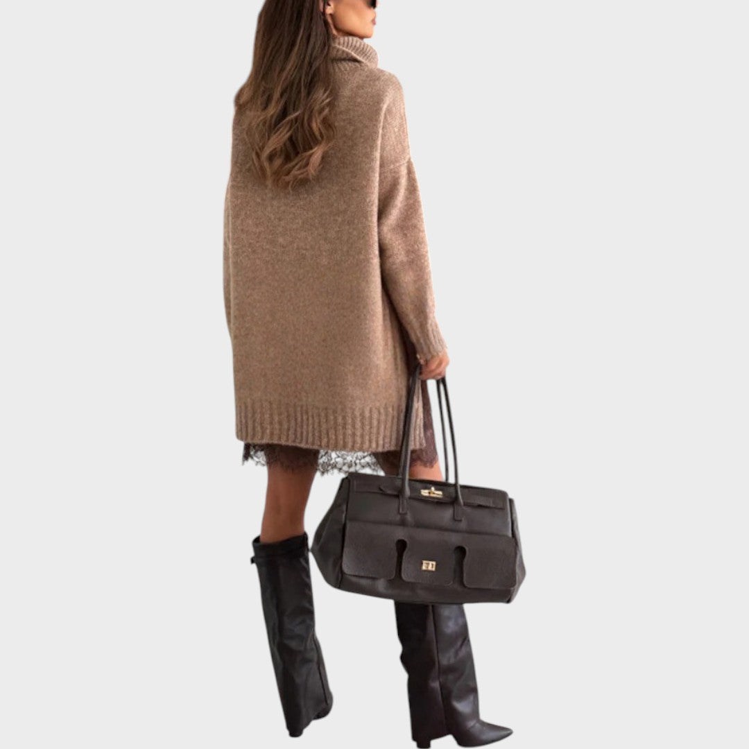 Elbrun | Damen Strickkleid Oversize Rollkragen - Brown - Image 11
