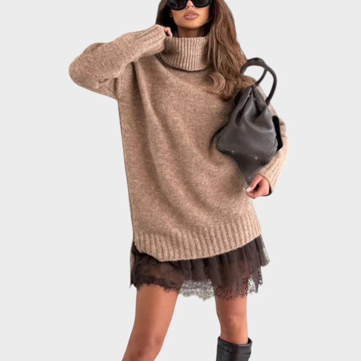 Elbrun | Damen Strickkleid Oversize Rollkragen - Brown - Image 2