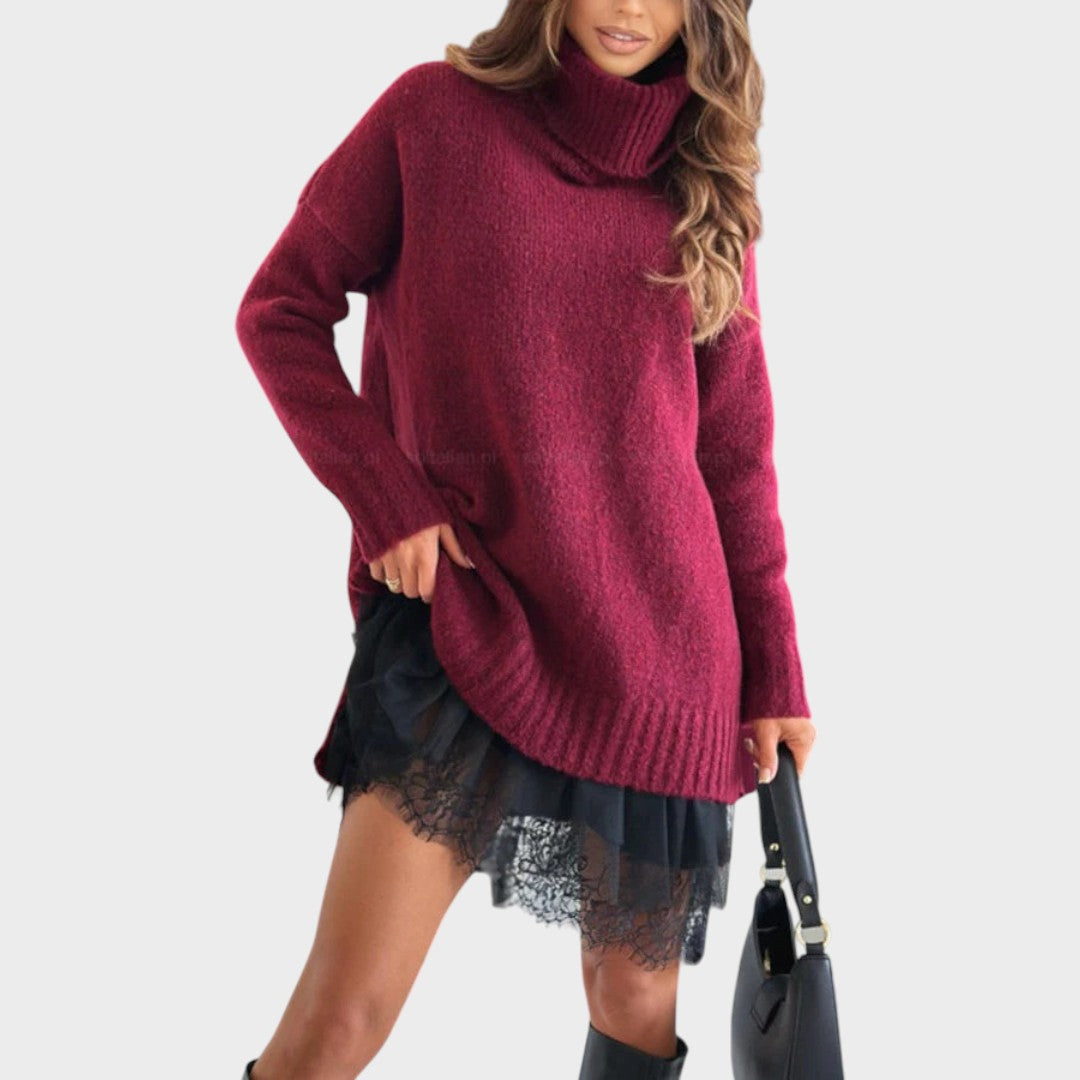 Elbrun | Damen Strickkleid Oversize Rollkragen - Brown - Image 3