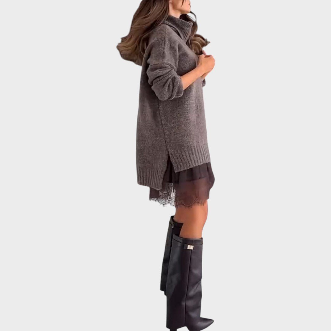 Elbrun | Damen Strickkleid Oversize Rollkragen - Brown - Image 8