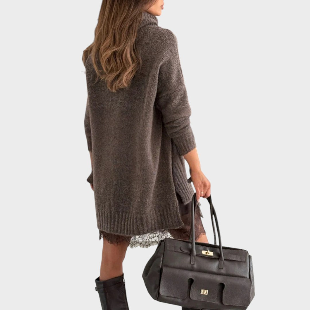 Elbrun | Damen Strickkleid Oversize Rollkragen - Brown - Image 9
