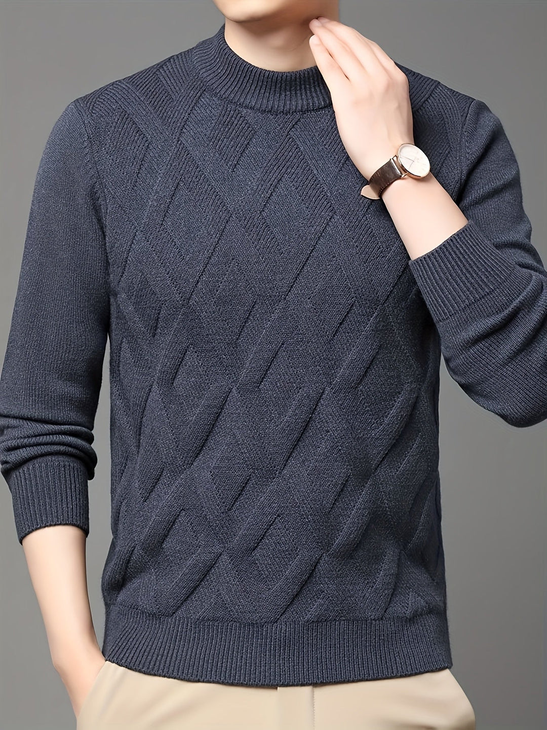 Eldmund | Herren Strickpullover Stehkragen Strukturmuster - Teal - Image 11