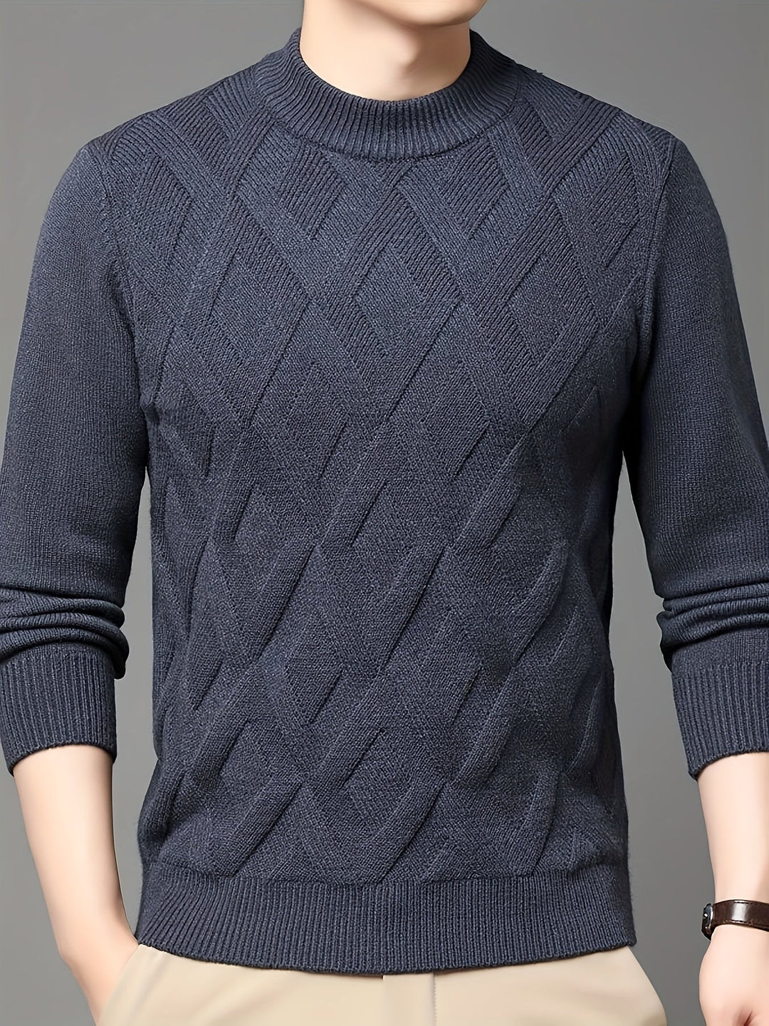 Eldmund | Herren Strickpullover Stehkragen Strukturmuster - Teal - Image 12