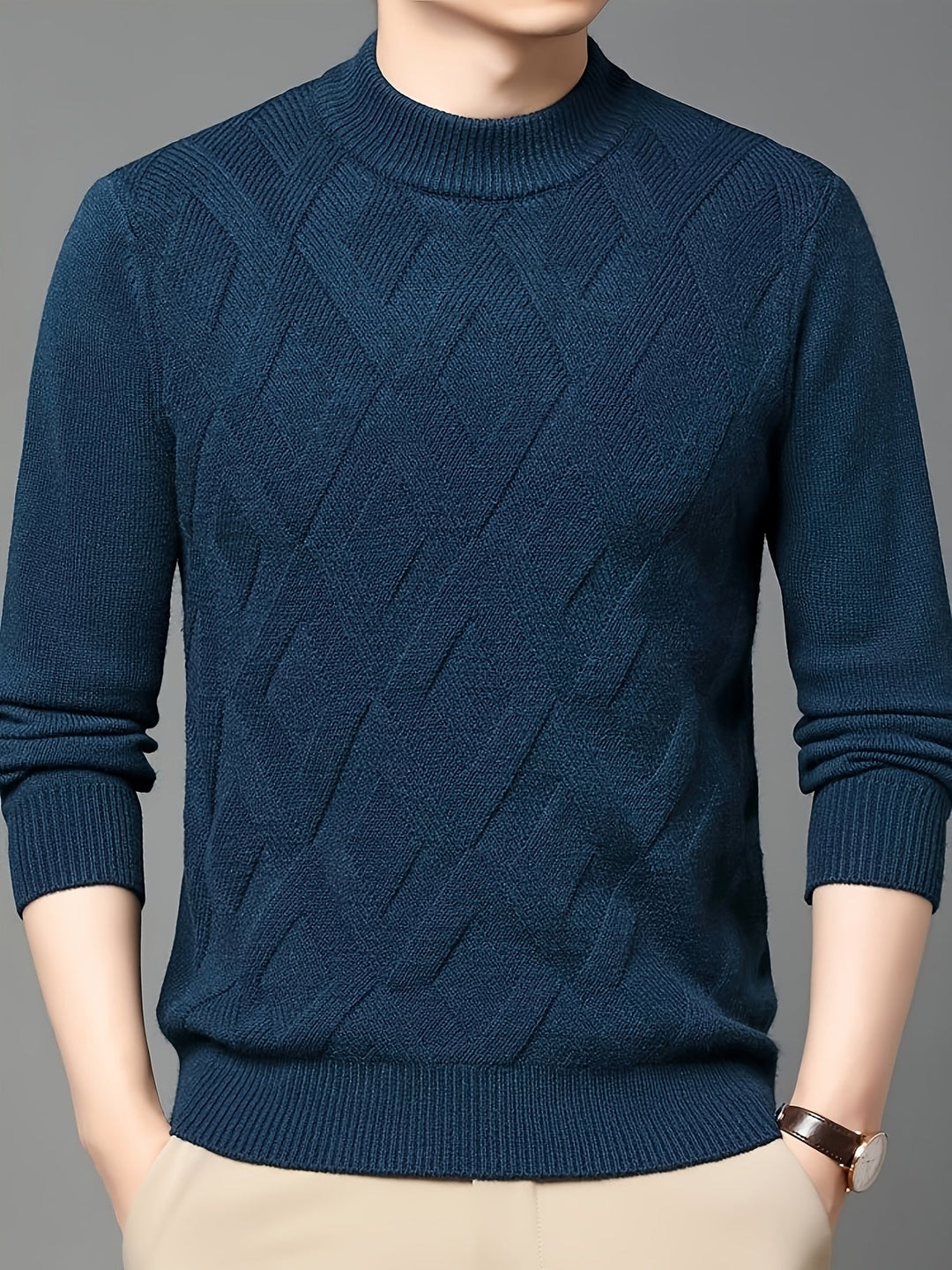 Eldmund | Herren Strickpullover Stehkragen Strukturmuster - Teal - Image 3