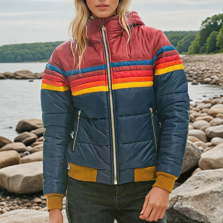 Eldora | Damen Steppjacke Retro Streifen Winterjacke mit Kapuze - Image 1