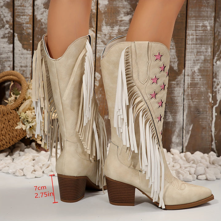 Eldra | Damen Kniehohe Westernstiefel mit Fransen - Cream - Image 3