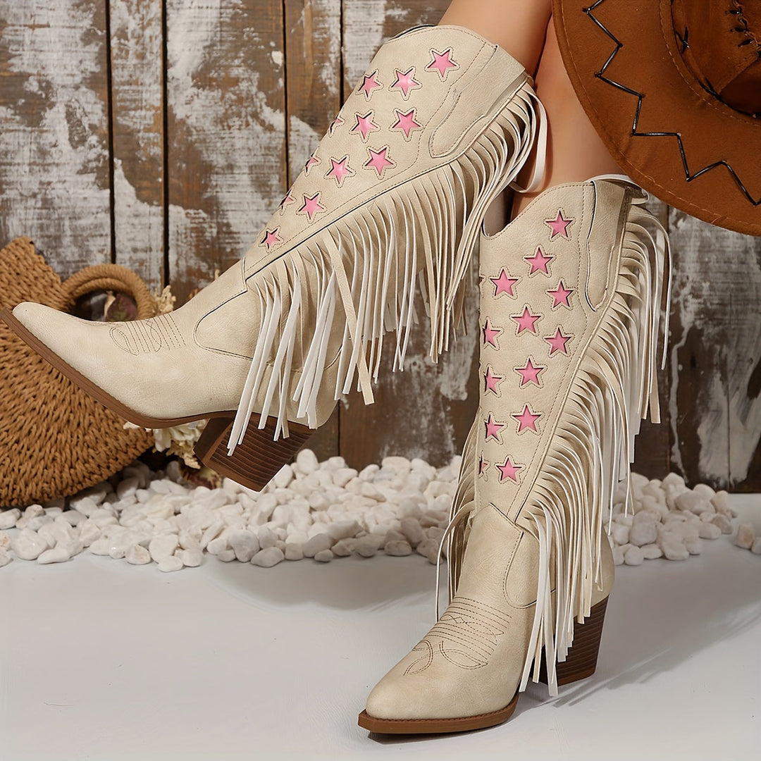 Eldra | Damen Kniehohe Westernstiefel mit Fransen - Cream - Image 6