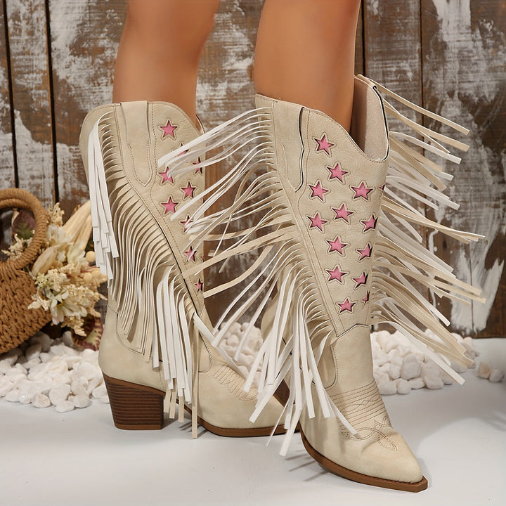 Eldra | Damen Kniehohe Westernstiefel mit Fransen - Cream - Image 8