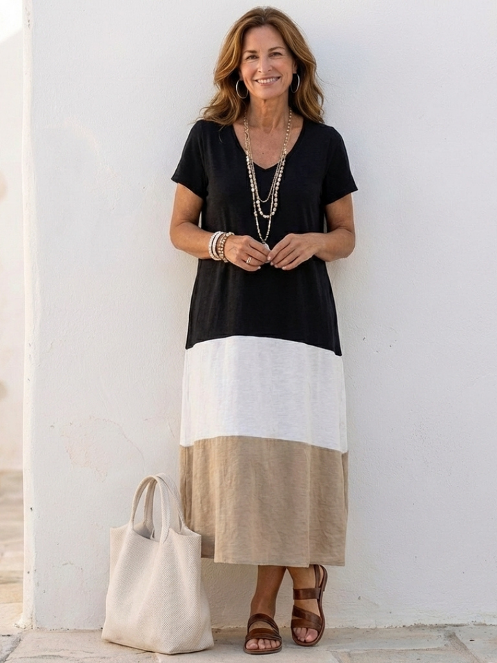 Eleonora | Damen Farbblock V-Ausschnitt Midi Kleid - Image 1