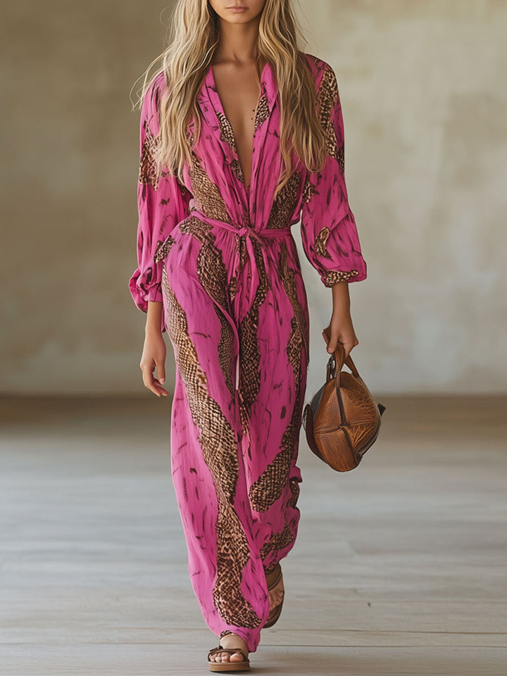 Eleonora | Damen Jumpsuit Leopardenmuster V-Ausschnitt Langarm - Pink - Image 1