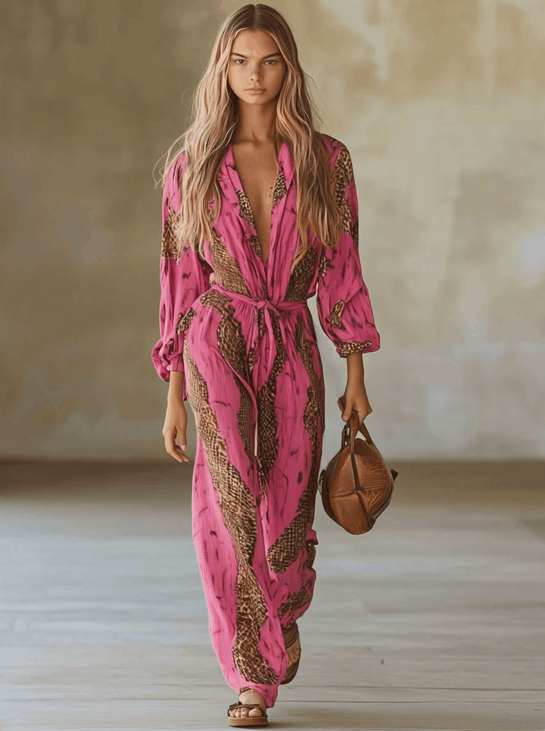 Eleonora | Damen Jumpsuit Leopardenmuster V-Ausschnitt Langarm - Pink - Image 2