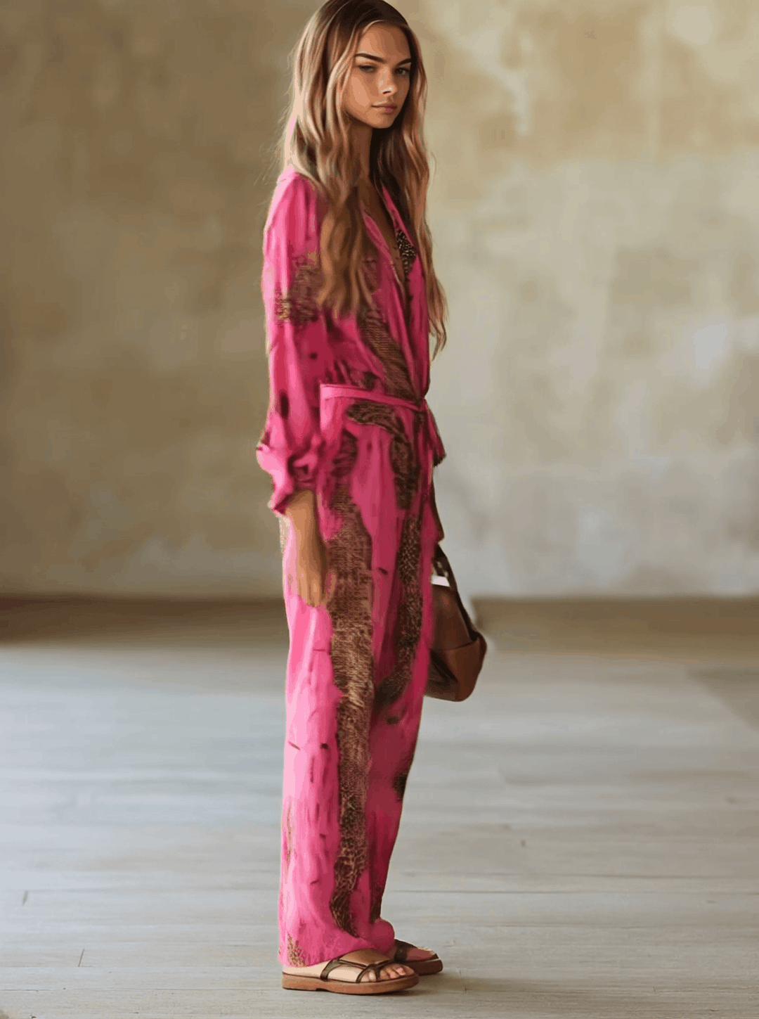 Eleonora | Damen Jumpsuit Leopardenmuster V-Ausschnitt Langarm - Pink - Image 3