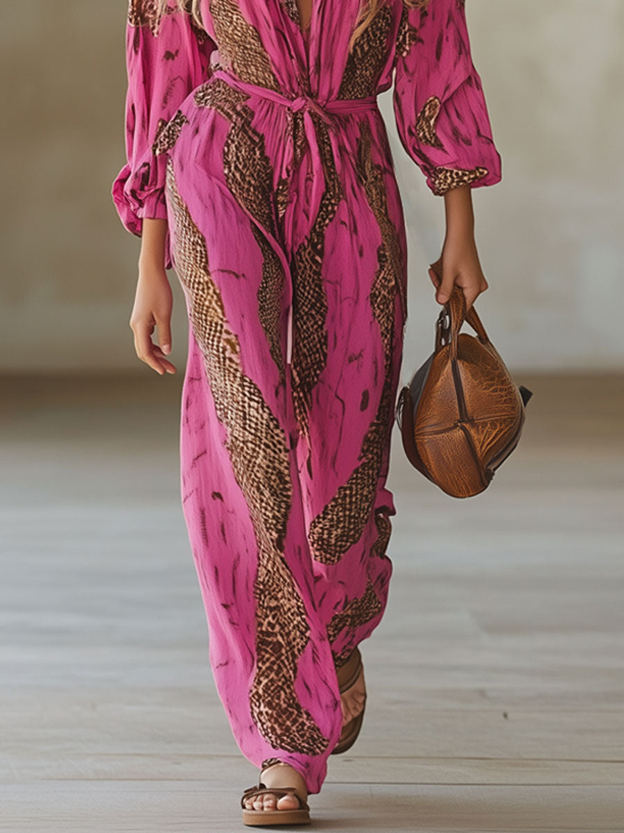 Eleonora | Damen Jumpsuit Leopardenmuster V-Ausschnitt Langarm - Pink - Image 6