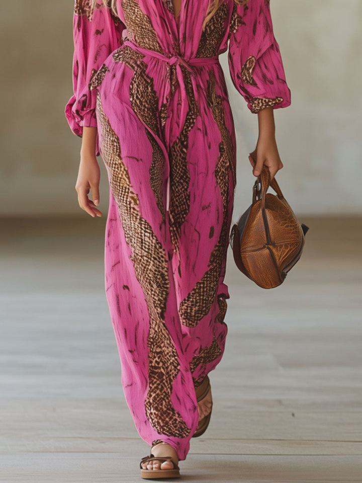 Eleonora | Damen Jumpsuit Leopardenmuster V-Ausschnitt Langarm - Pink - Image 6