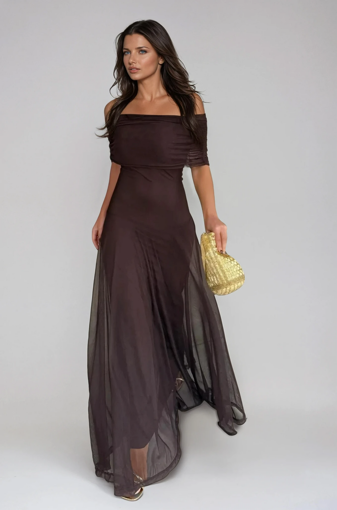 Eleonora | Damen Off-Shoulder Maxikleid Hochzeitsgast - Dark Brown - Image 1