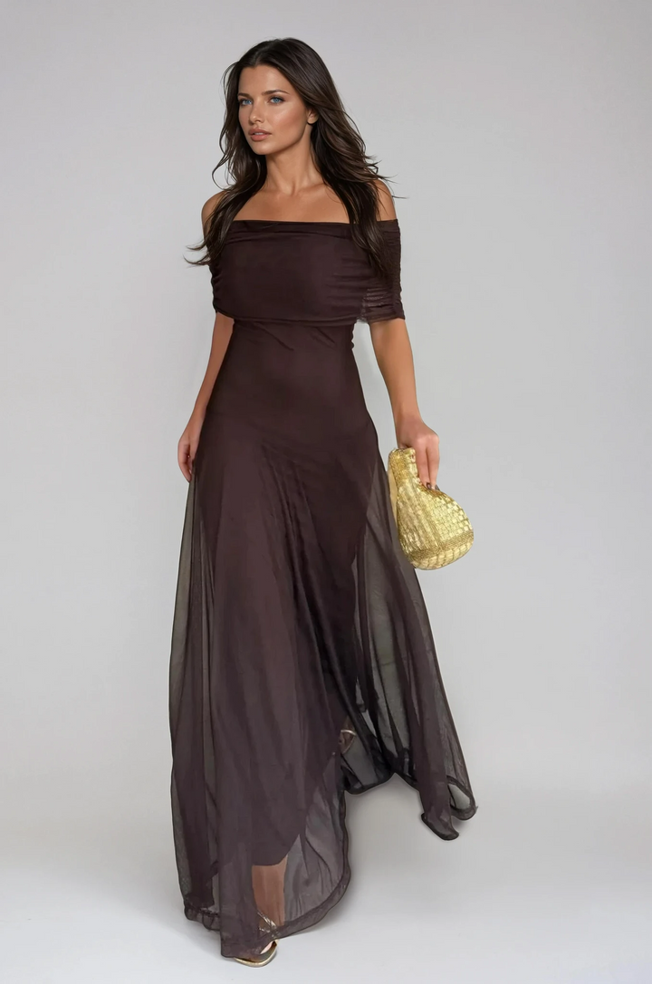 Eleonora | Damen Off-Shoulder Maxikleid Hochzeitsgast - Dark Brown - Image 1