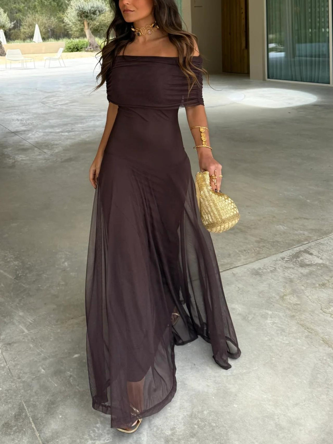 Eleonora | Damen Off-Shoulder Maxikleid Hochzeitsgast - Dark Brown - Image 2