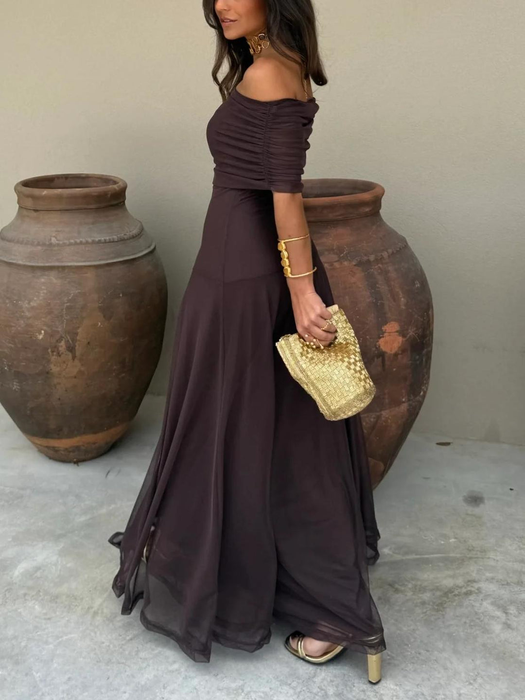 Eleonora | Damen Off-Shoulder Maxikleid Hochzeitsgast - Dark Brown - Image 3