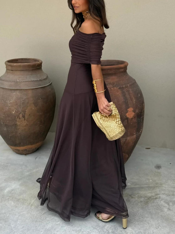 Eleonora | Damen Off-Shoulder Maxikleid Hochzeitsgast - Dark Brown - Image 3