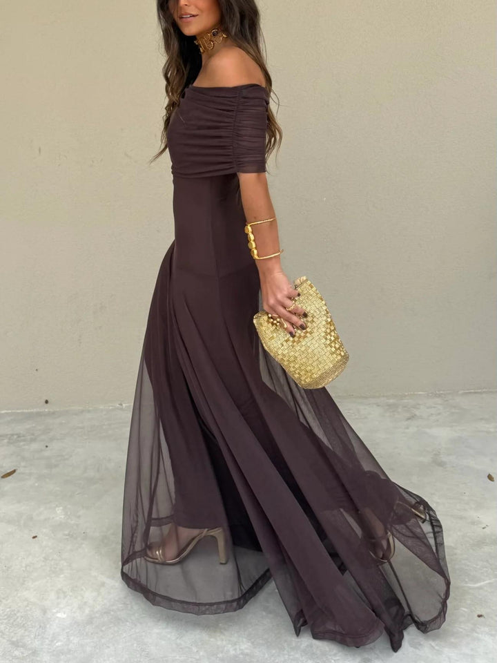 Eleonora | Damen Off-Shoulder Maxikleid Hochzeitsgast - Dark Brown - Image 4