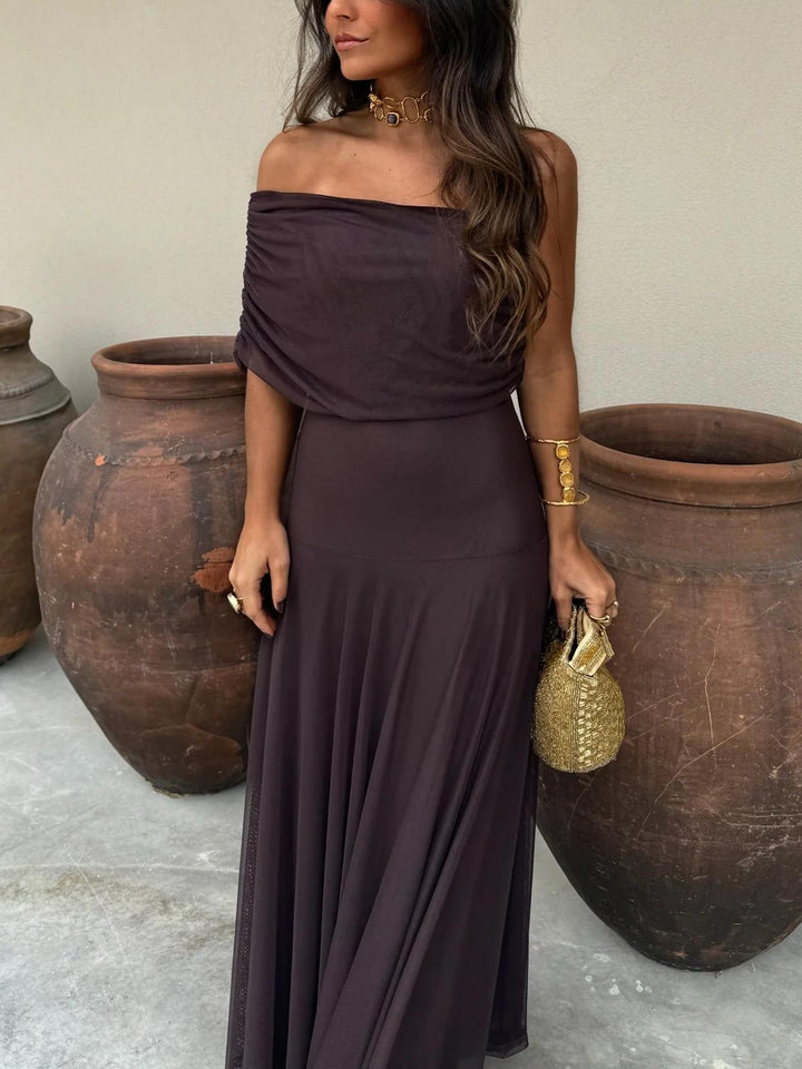 Eleonora | Damen Off-Shoulder Maxikleid Hochzeitsgast - Dark Brown - Image 9