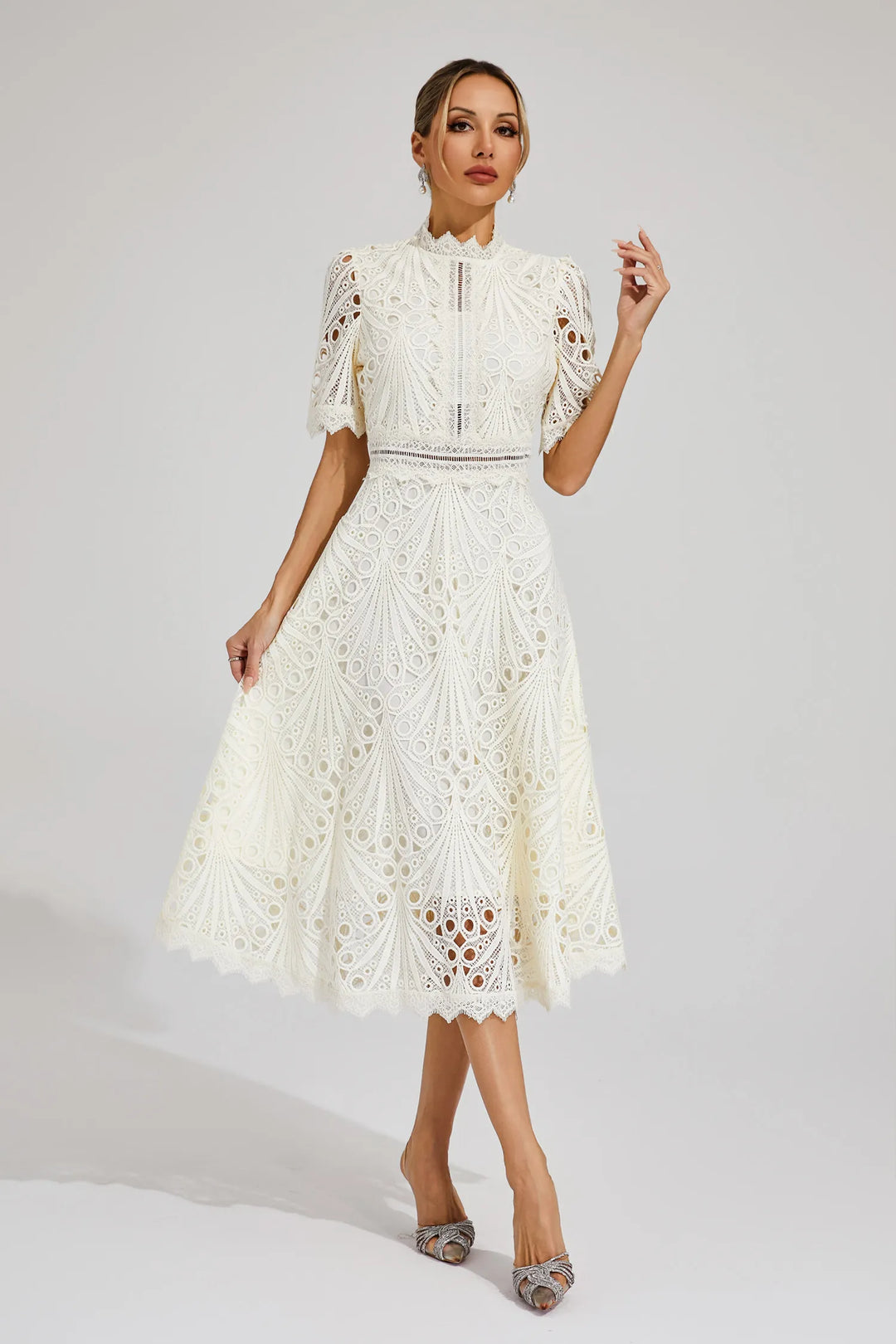 Elfriede | Damen Spitzenkleid Midi Hochzeit - White - Image 12