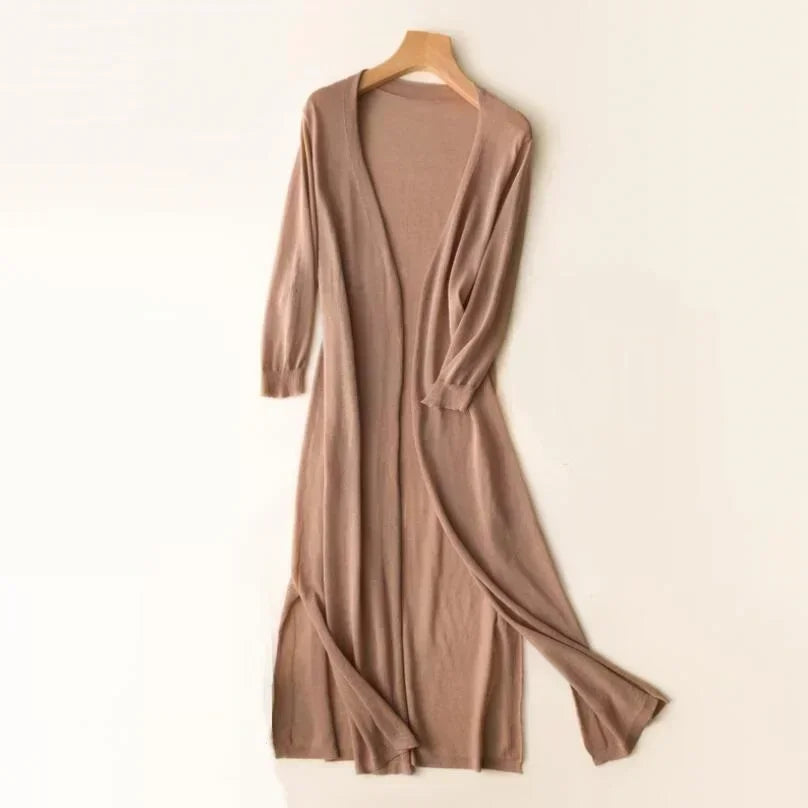 Elsbeth | Damen Langer Cardigan Offen Maxi Strickjacke - Light Grey - Image 12