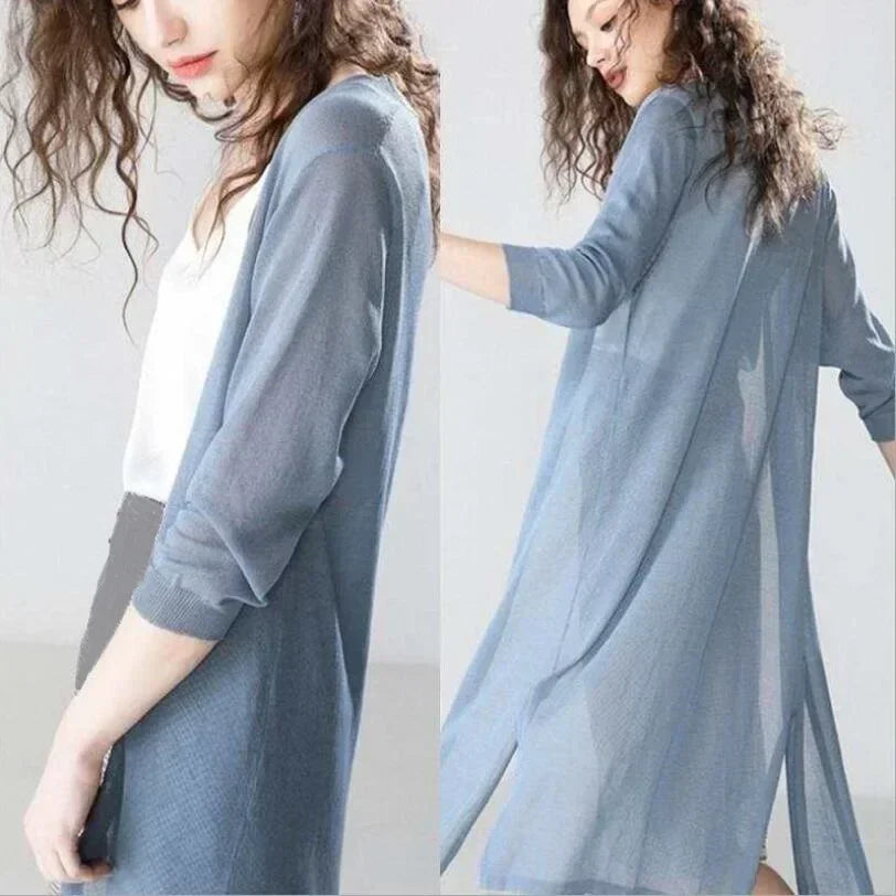 Elsbeth | Damen Langer Cardigan Offen Maxi Strickjacke - Light Grey - Image 4