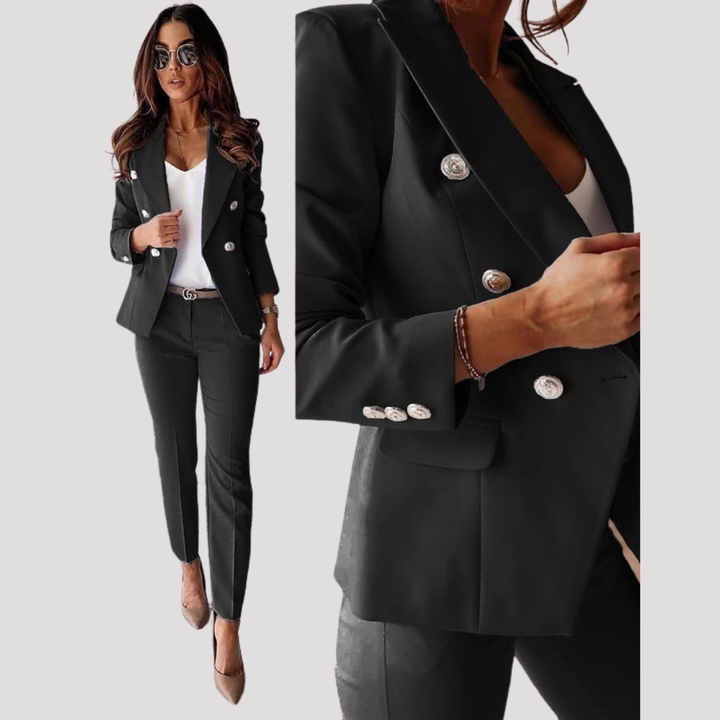 Elske | Damen Zweireiher Blazer Hosenanzug Set - Black - Image 1
