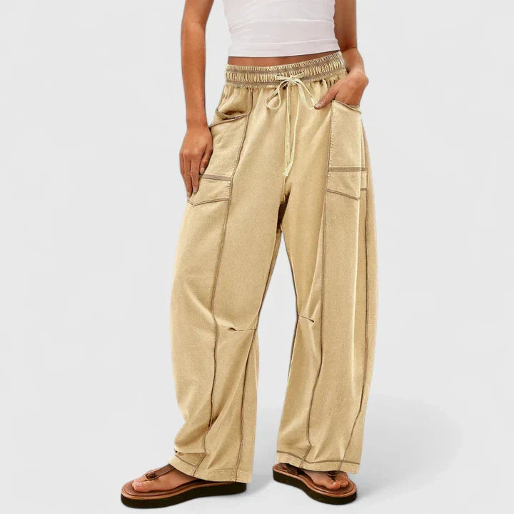 Elvira | Damen Weite Hose mit Elastikbund und Zugband - Light Brown - Image 2