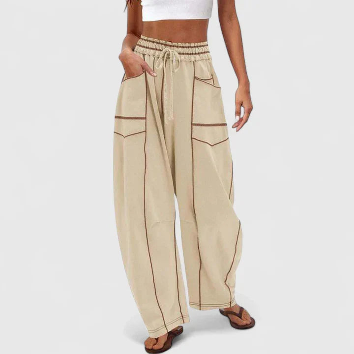 Elvira | Damen Weite Hose mit Elastikbund und Zugband - Light Brown - Image 3