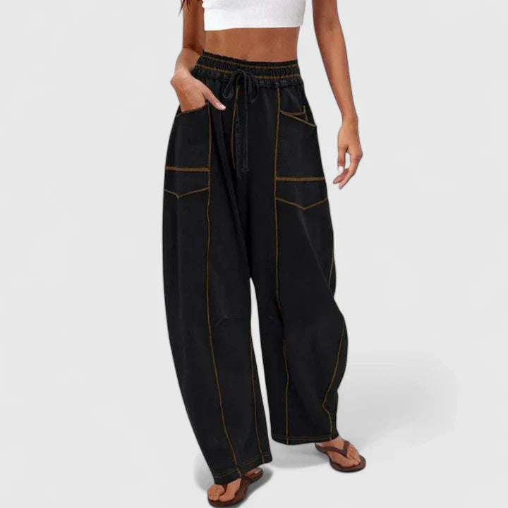 Elvira | Damen Weite Hose mit Elastikbund und Zugband - Light Brown - Image 4