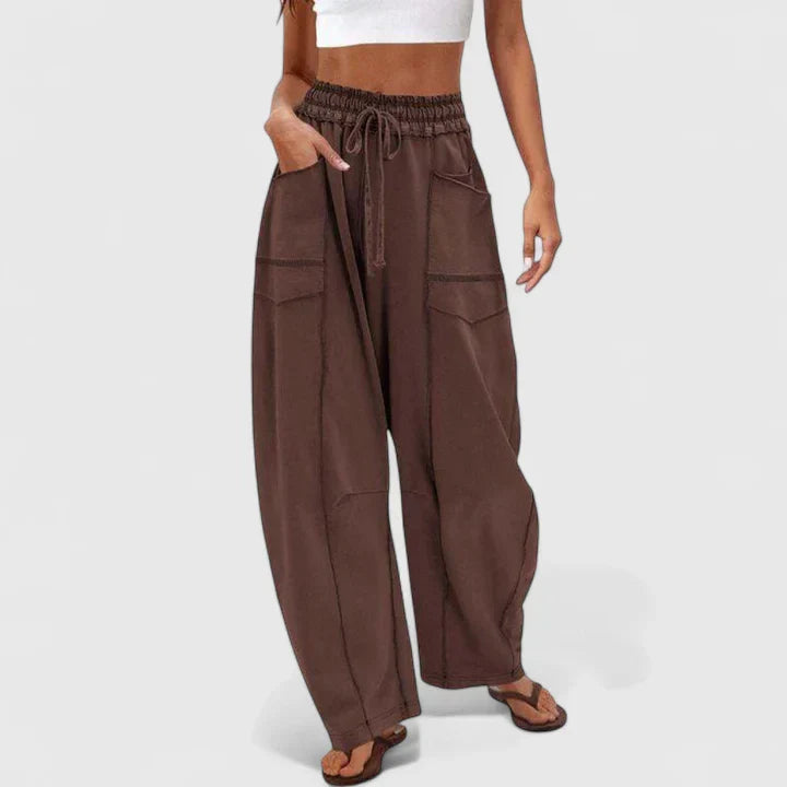 Elvira | Damen Weite Hose mit Elastikbund und Zugband - Light Brown - Image 5