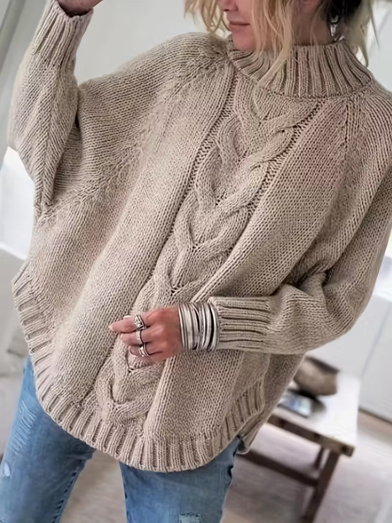 Elvunda | Damen Oversize Strickpullover mit Zopfmuster - Beige - Image 1