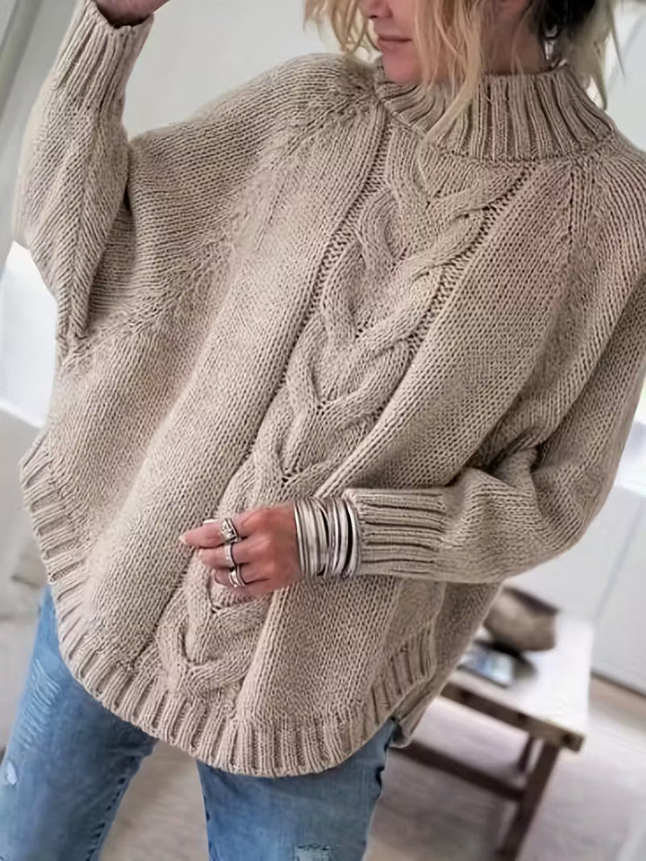Elvunda | Damen Oversize Strickpullover mit Zopfmuster - Beige - Image 1