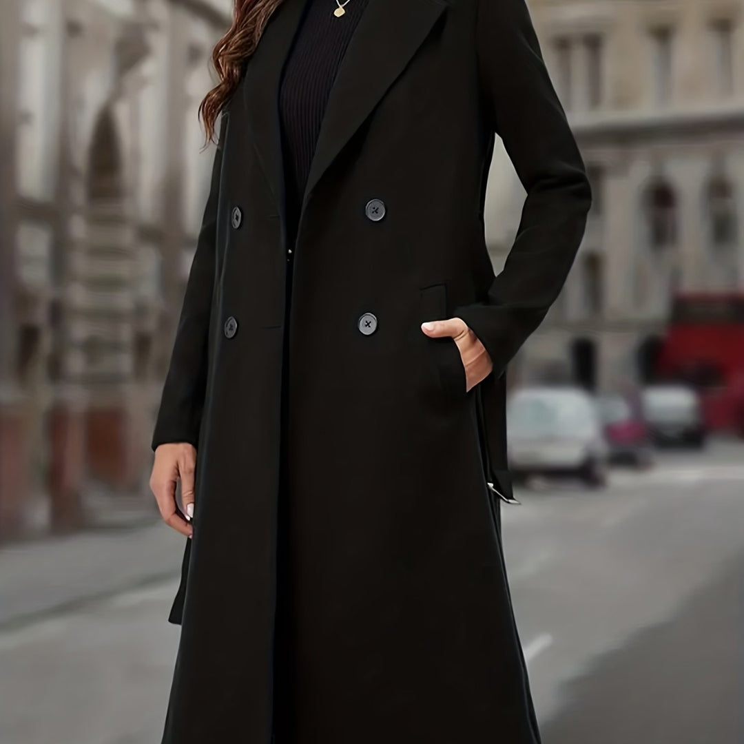 Elwara | Damen Langer Zweireihiger Mantel - Black - Image 1