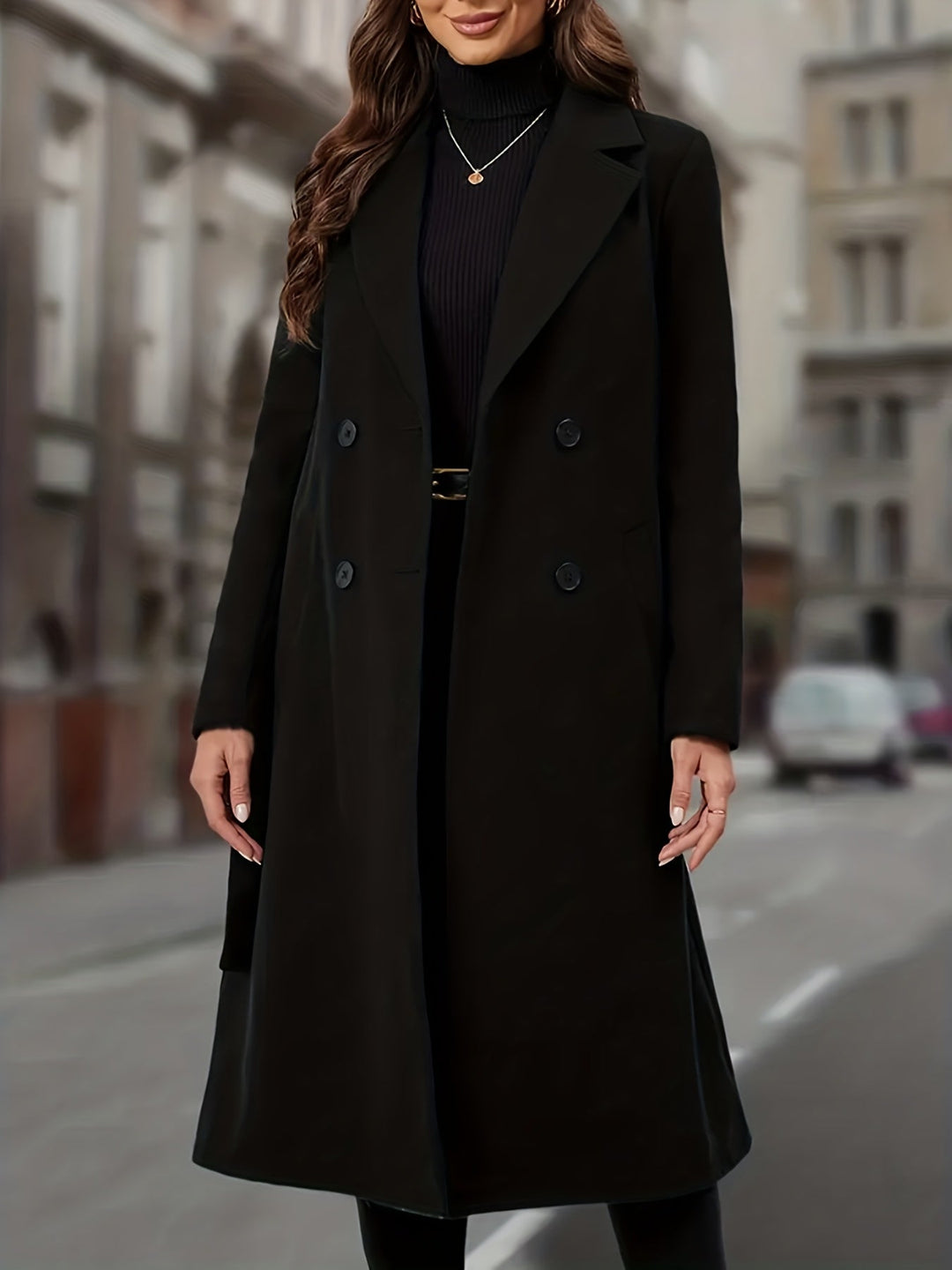 Elwara | Damen Langer Zweireihiger Mantel - Black - Image 3