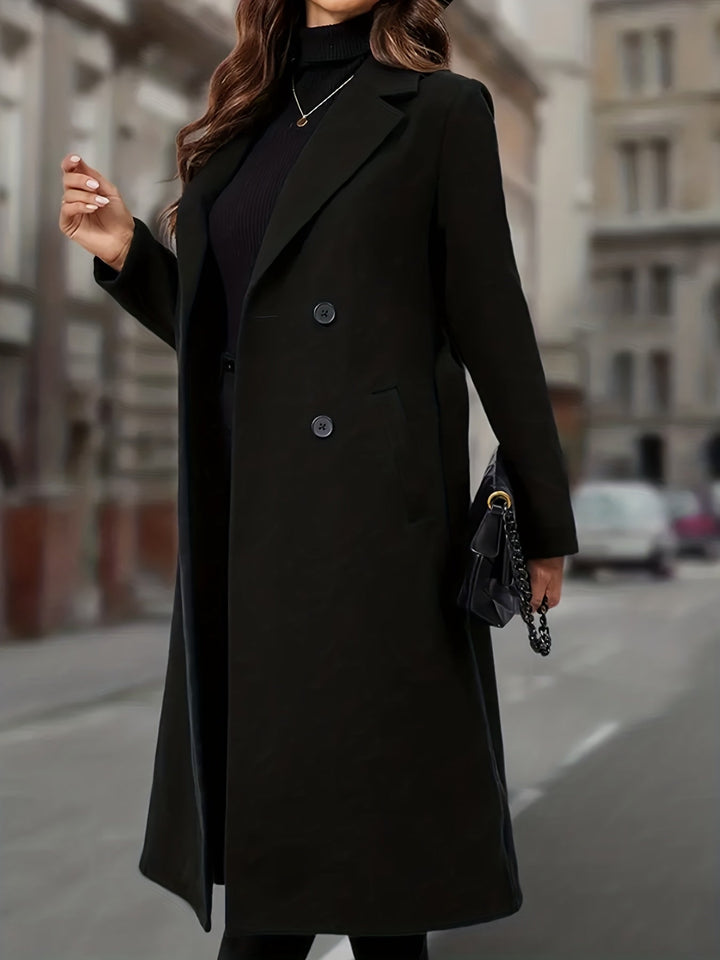 Elwara | Damen Langer Zweireihiger Mantel - Black - Image 4