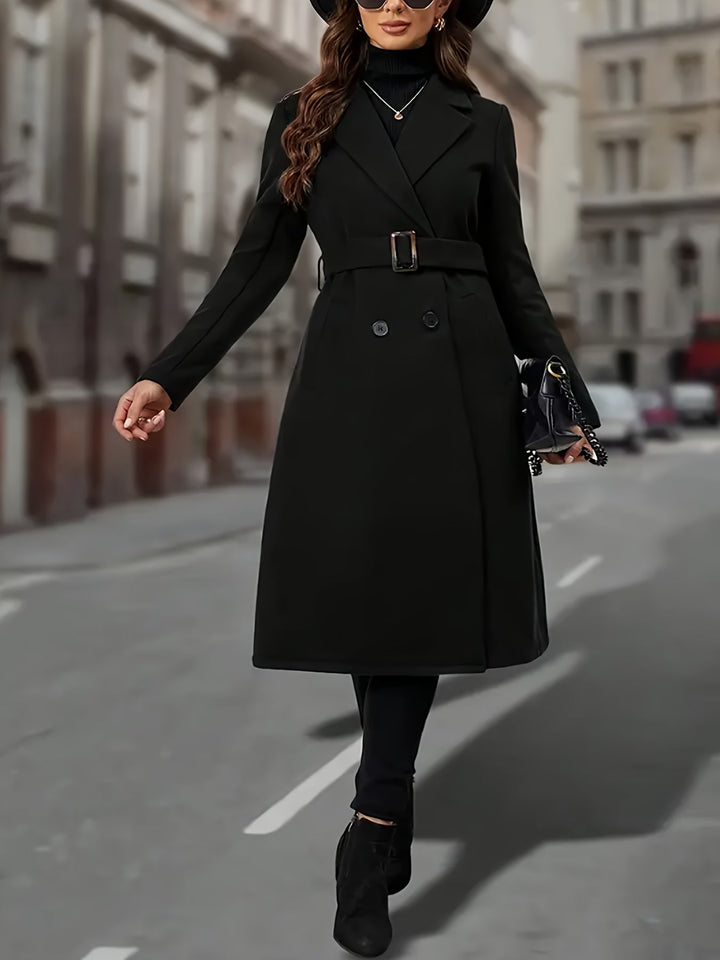 Elwara | Damen Langer Zweireihiger Mantel - Black - Image 5