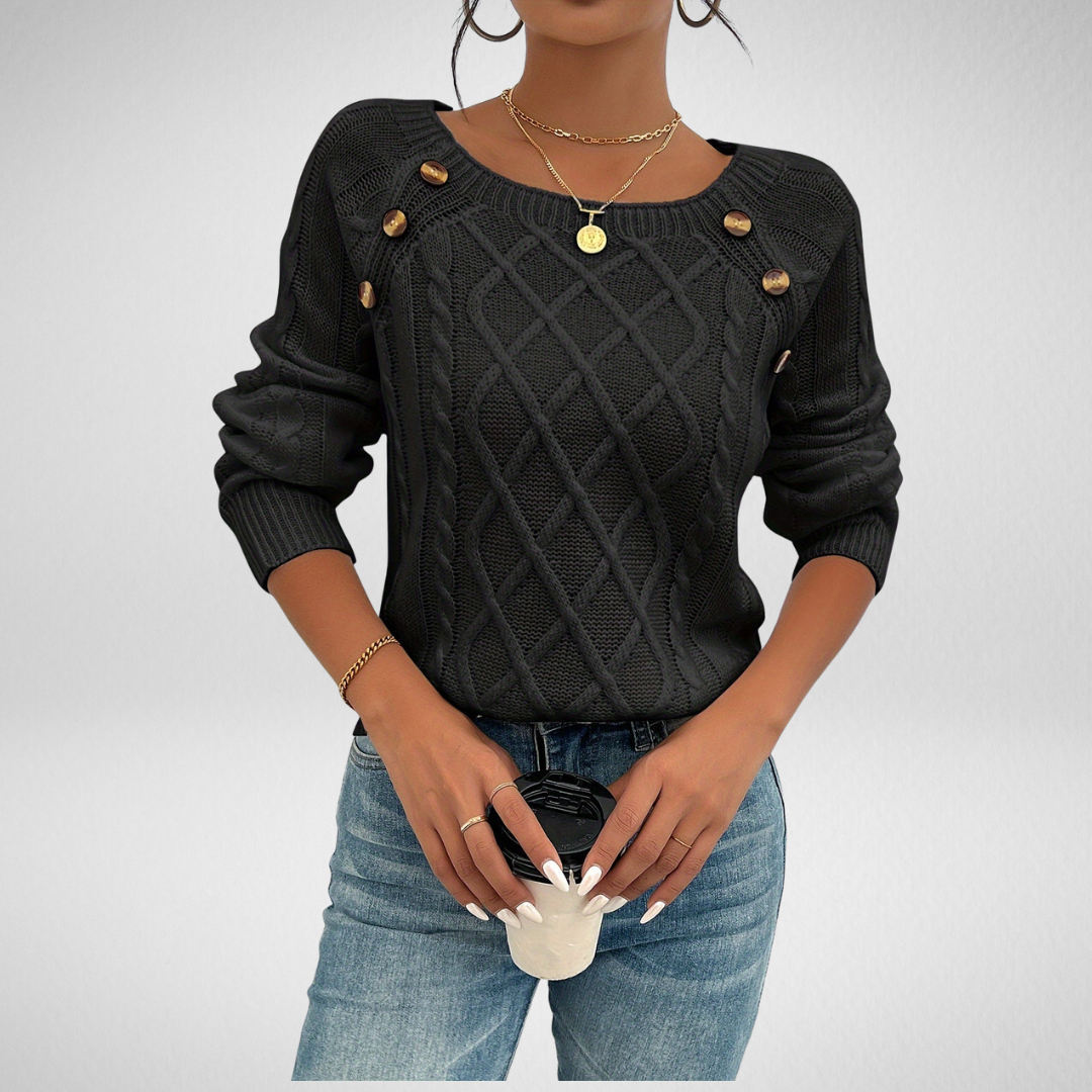 Elwina | Damen Strickpullover mit Zopfmuster - Black - Image 1