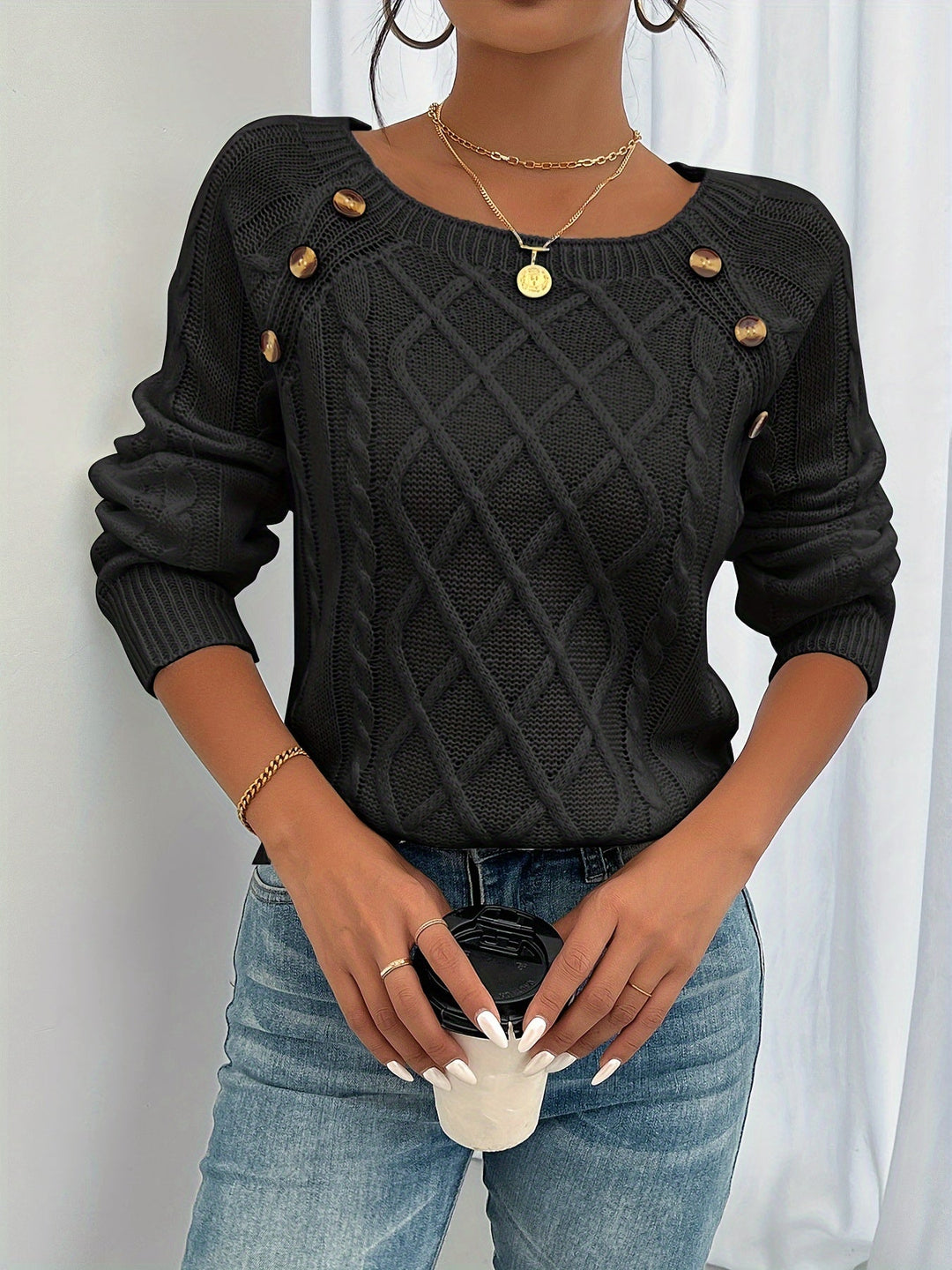 Elwina | Damen Strickpullover mit Zopfmuster - Black - Image 2