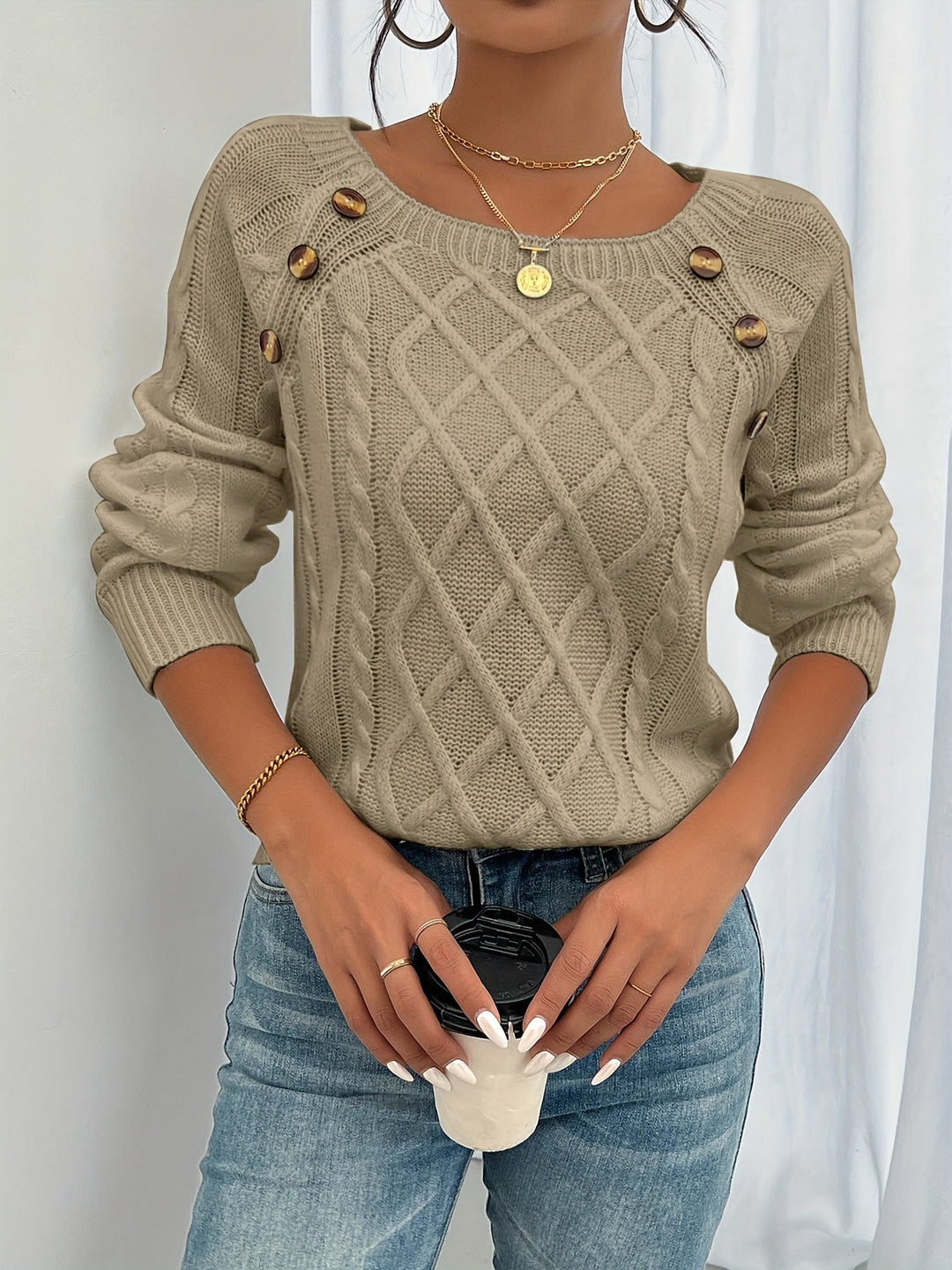 Elwina | Damen Strickpullover mit Zopfmuster - Black - Image 3