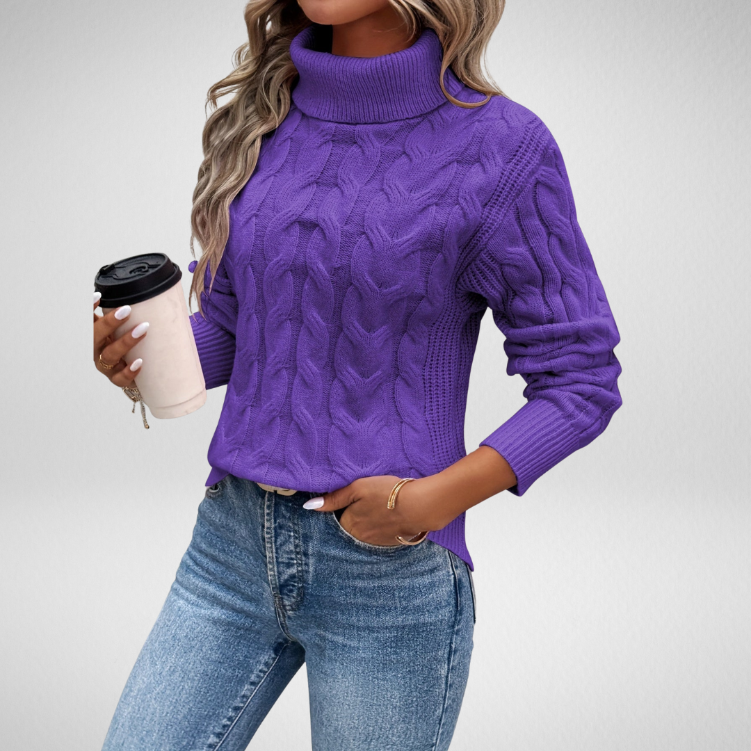 Elwine | Damen Rollkragen Strickpullover mit Zopfmuster - Purple - Image 1