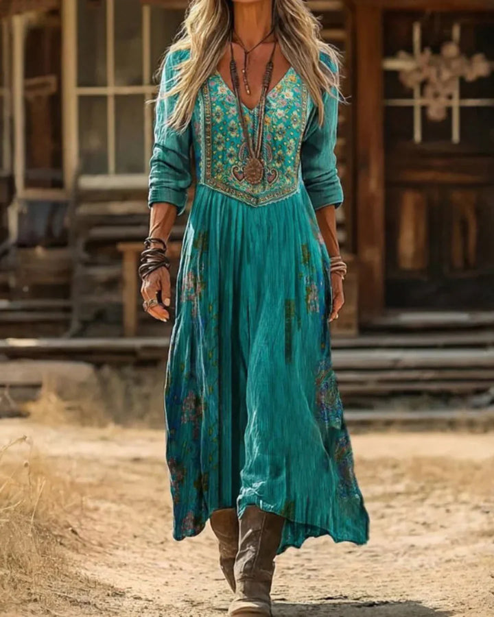 Elysia | Damen Besticktes V-Ausschnitt Langarm Maxikleid - Teal - Image 1