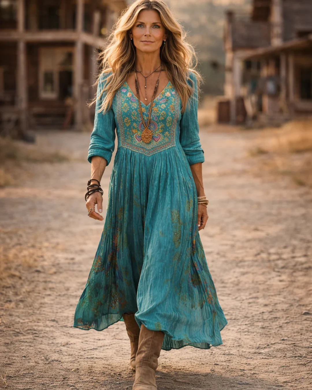 Elysia | Damen Besticktes V-Ausschnitt Langarm Maxikleid - Teal - Image 2